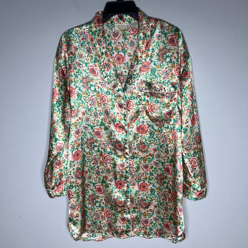 VTG Victoria's Secret Gold Label Satin Floral Nightgown Long Sleeve Sz S Buttons